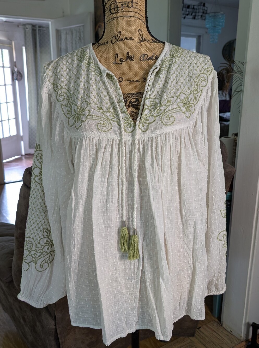 Embroidered White Peasant Blouse with Green Accents